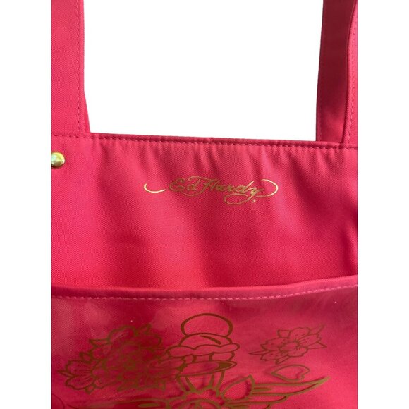 Ed Hardy Hot Pink Tote Bag With Gold Skull Print & Clear PVC Pocket - Picture 3 of 5